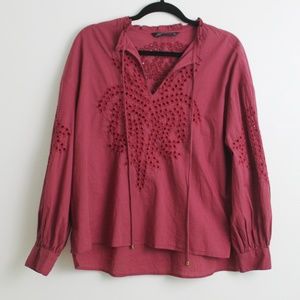 Zara Woman Red Embroidered Boho Oversized Top Sz S